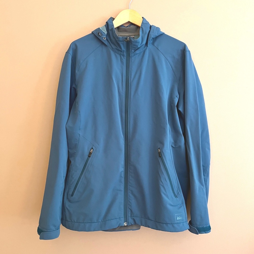 REI Co-op Womens XL Blue Hooded Softshell Jacket Full Zip Outdoor Hiking Coat